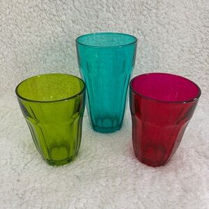 Pasabahce set of 3 Vtg Jewel Tone tumbler/Juice Glasses green, Blue/Red/pink